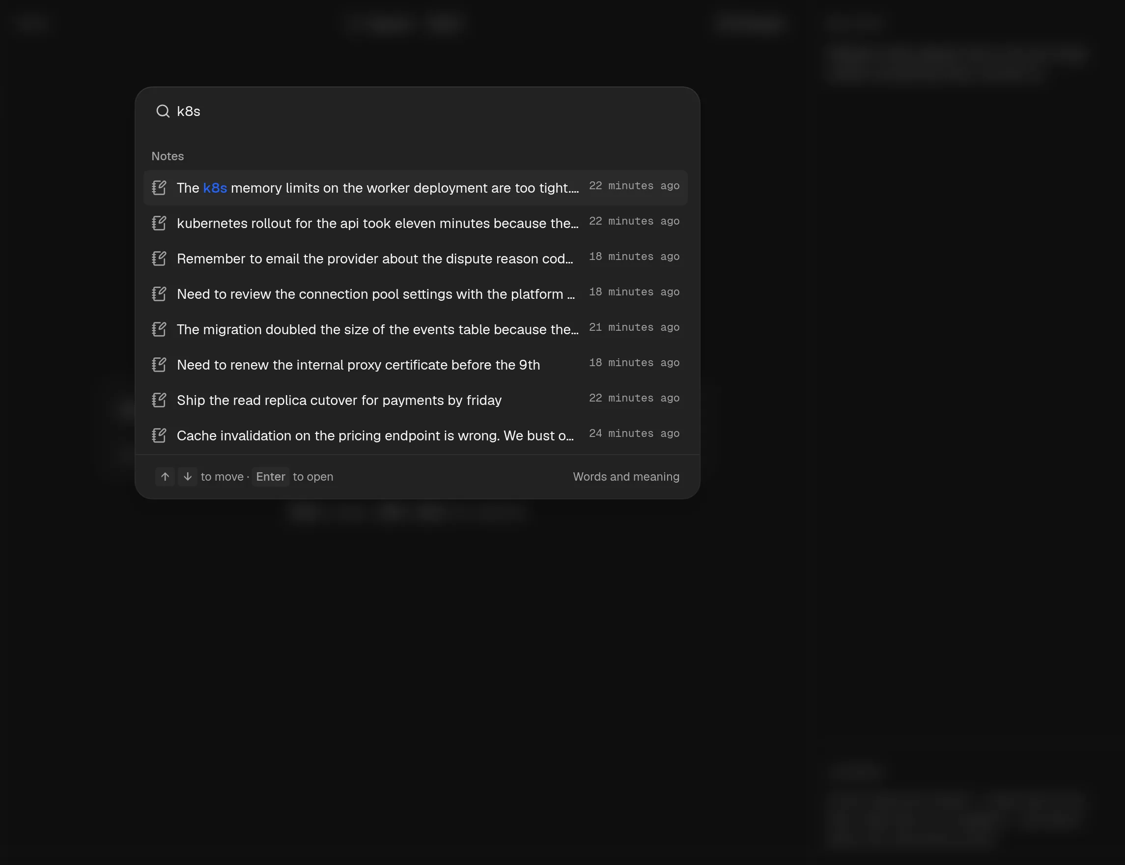 Searching for k8s. The first result contains the letters; the second is a note about kubernetes that does not, found by meaning rather than by spelling.