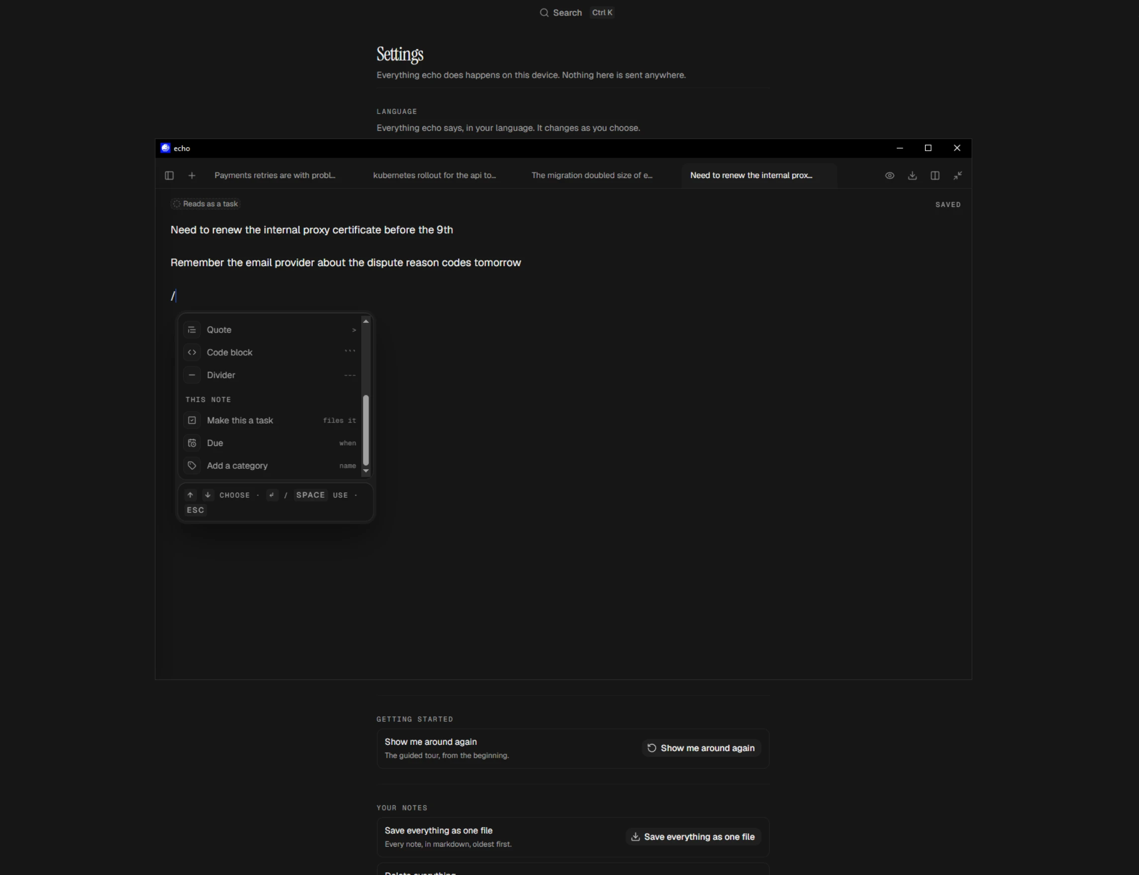 The desktop application in a window of its own, over the full application behind it: four notes open as tabs, one being written in with the slash menu open, and a Reads as a task chip above it.